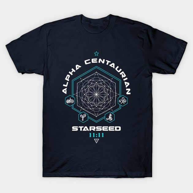 Alpha Centaurian Starseed Light Code Sacred Geometry 11:11 T-Shirt by LadyMoldavite